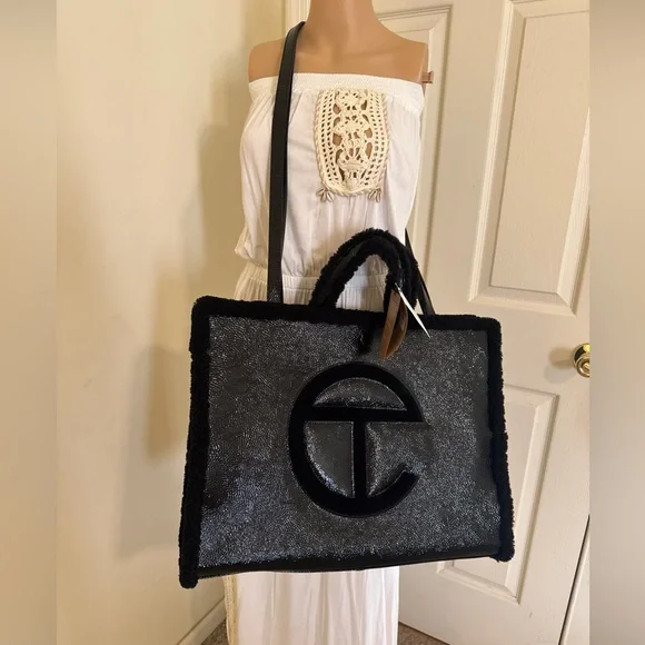 NWT Telfar & UGG Real Sheep Fur Black Large Shearling Shopping Bag - Picture 3 of 11